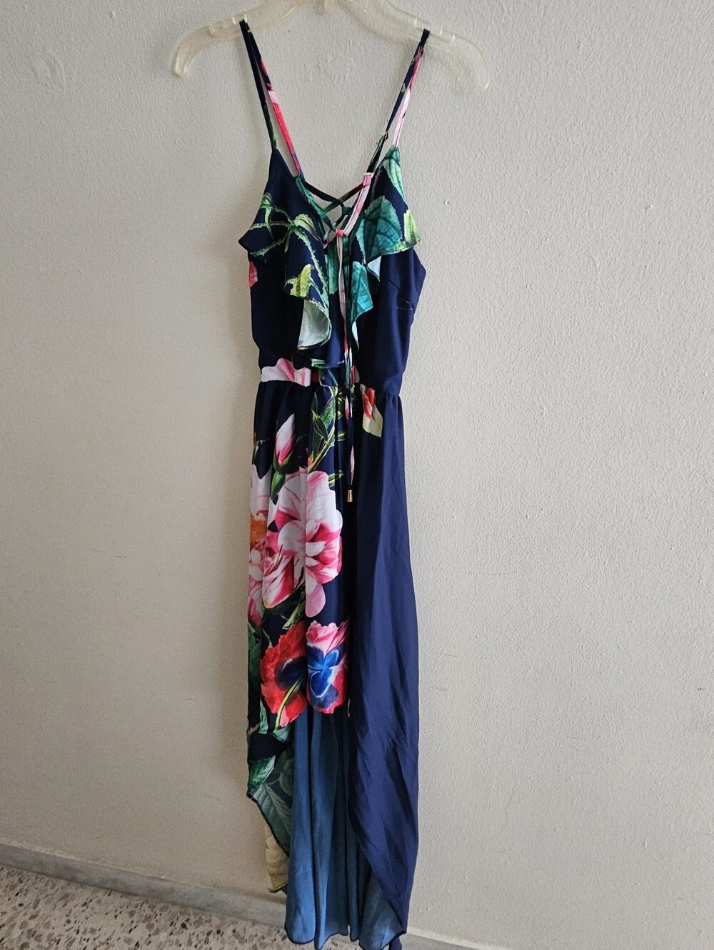 Floral High Low Maxi Dress Navy Blue Tropical Print Ruffle Tie Front